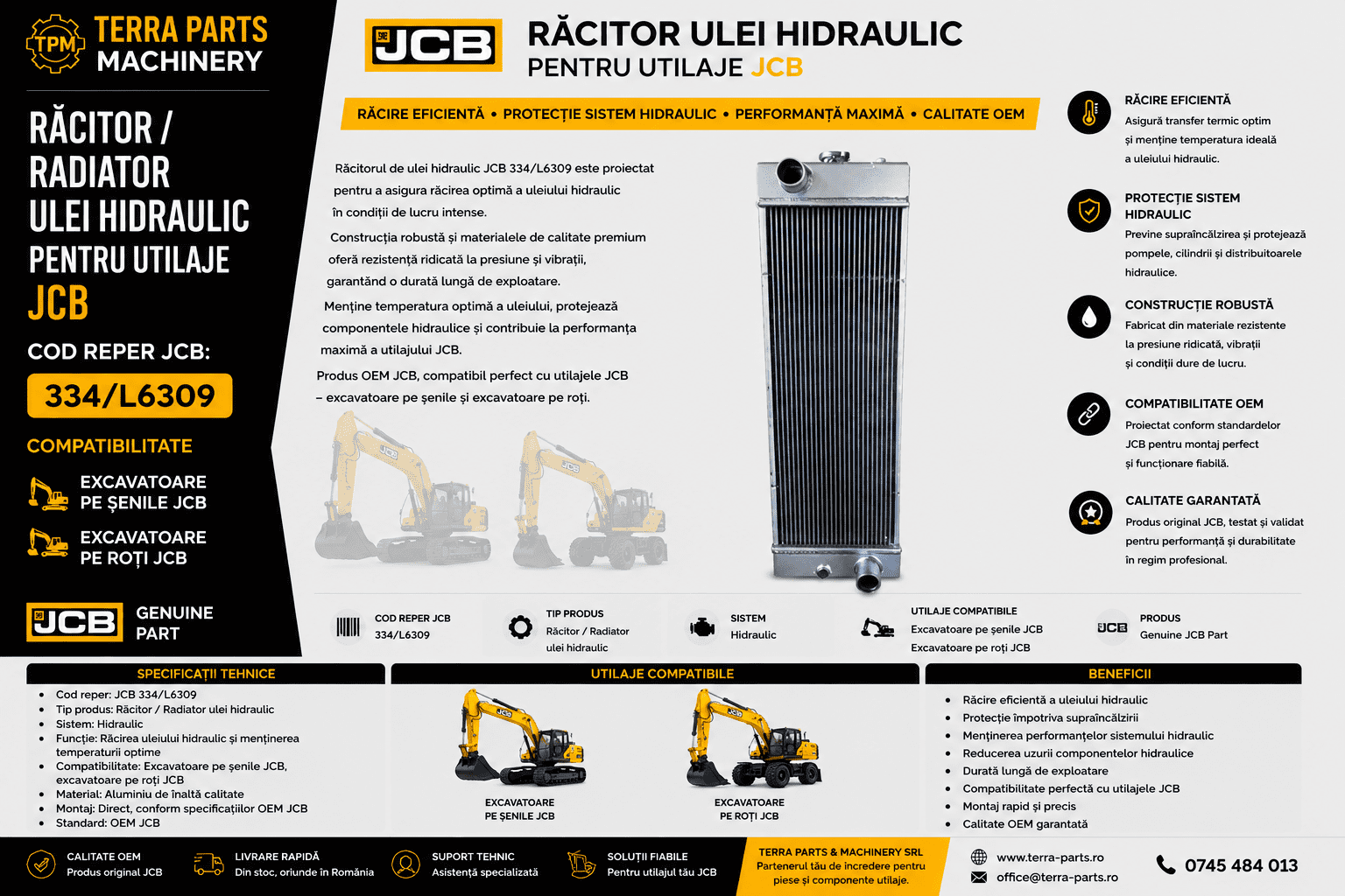 Răcitor ulei hidraulic JCB 334/L6309 pentru excavatoare JC