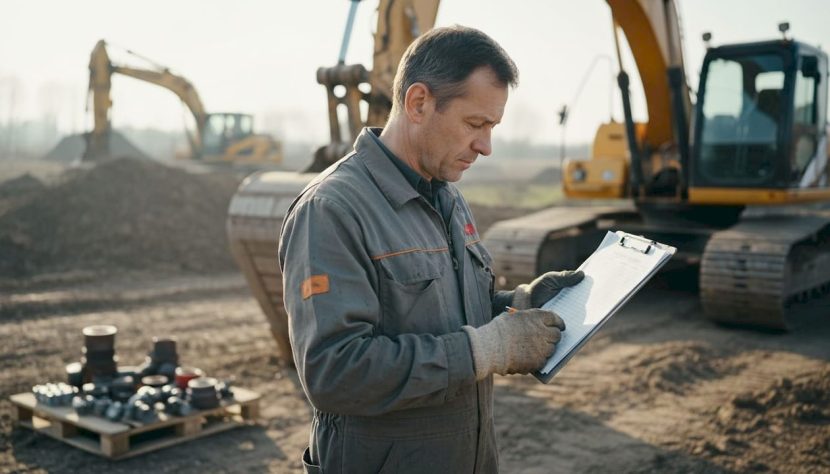 Un mecanic inspectează excavatorul pe șantier pentru a se asigura că totul funcționează corect.