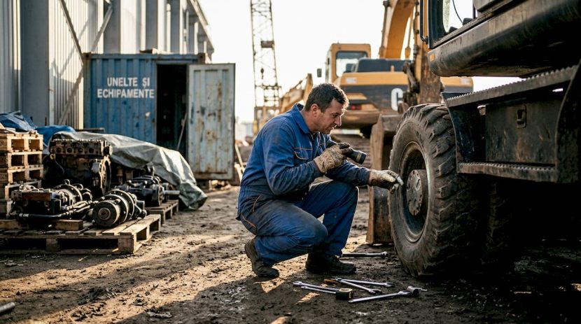 Un tehnician inspectează componentele excavatorului direct pe șantier, asigurându-se că totul funcționează corect.