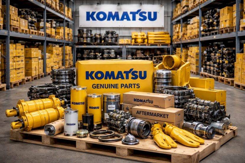 Un angajat din depozit verifică o piesă de excavator Komatsu.