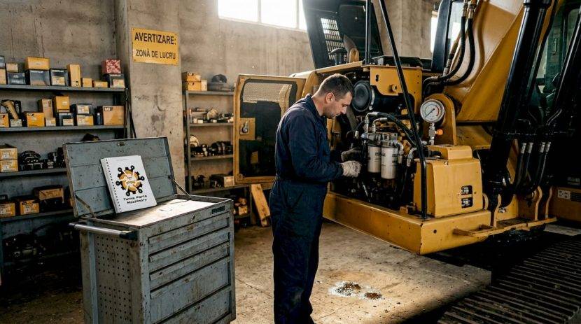 Un mecanic verifică atent un excavator Caterpillar aflat în service.
