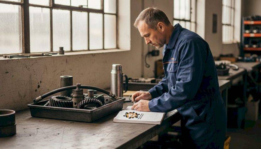 Tehnicianul alege piese pentru buldoexcavator în atelier