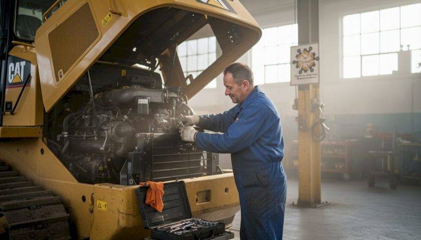 Un mecanic verifică și întreține motorul unui buldozer Caterpillar, asigurându-se că toate componentele funcționează optim.