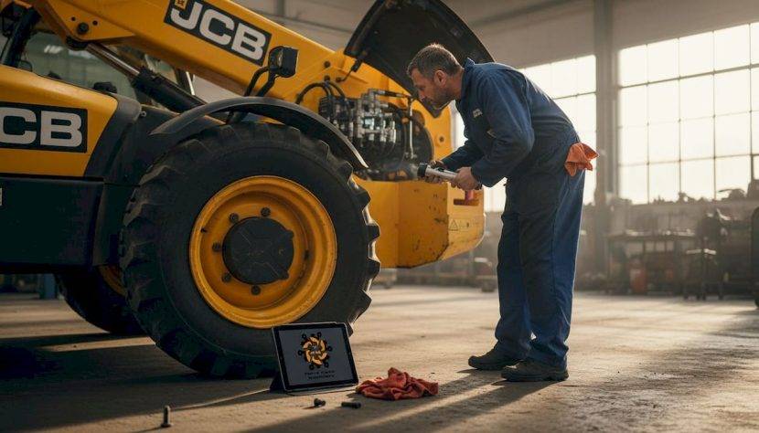 Un mecanic verifică un încărcător telescopic JCB în service.