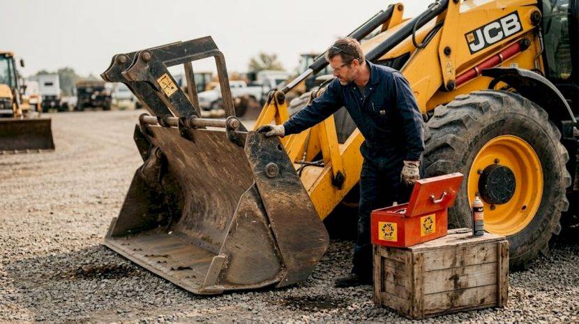 Un mecanic verifică atent un buldoexcavator JCB în parcarea cu utilaje.