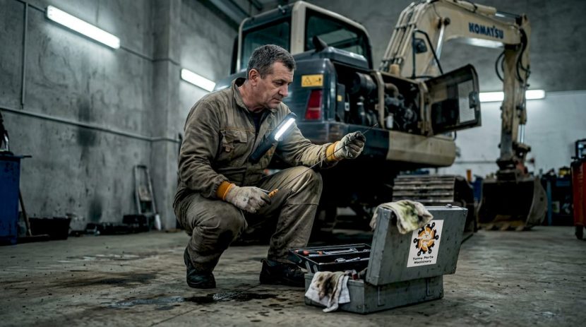 Un mecanic verifică atent un excavator Komatsu în service.