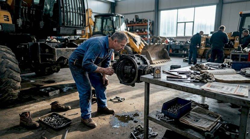Un mecanic verifică diferențialul unui buldoexcavator direct în service.