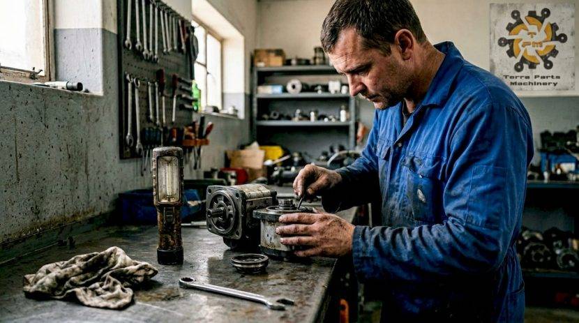 Un mecanic verifică atent o pompă hidraulică desfăcută pentru revizie.
