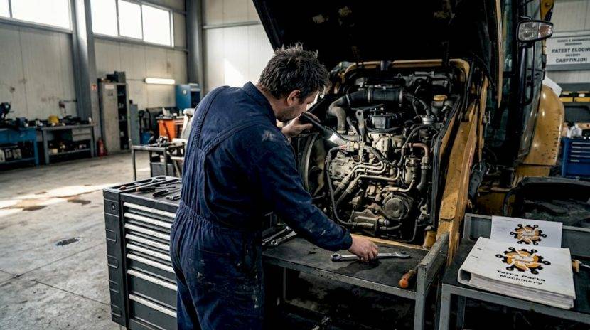 Un mecanic examinează cu atenție motorul unui utilaj Caterpillar, urmărind fiecare detaliu pentru a se asigura că totul funcționează corect.