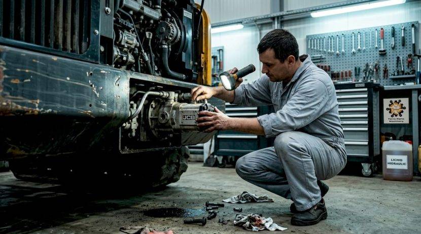 Un specialist verifică pompa hidraulică JCB în atelierul service.