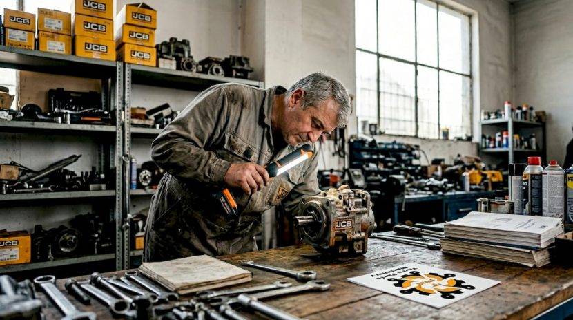 Un tehnician verifică o piesă originală JCB în atelier.