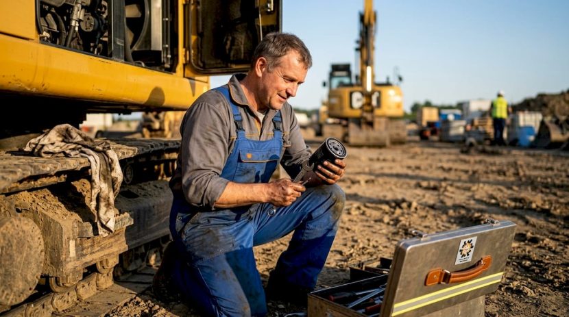 Un mecanic verifică filtrul excavatorului direct pe șantier, pentru a se asigura că utilajul funcționează în parametri optimi.