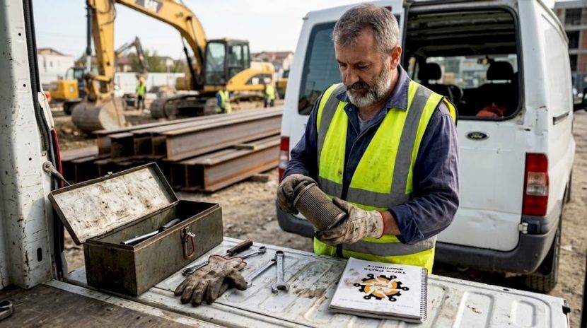 Tehnicianul verifică un filtru aftermarket direct pe șantier.