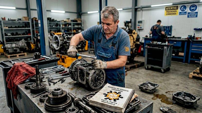 Un mecanic lucrează la repararea transmisiei unui utilaj JCB în atelier.