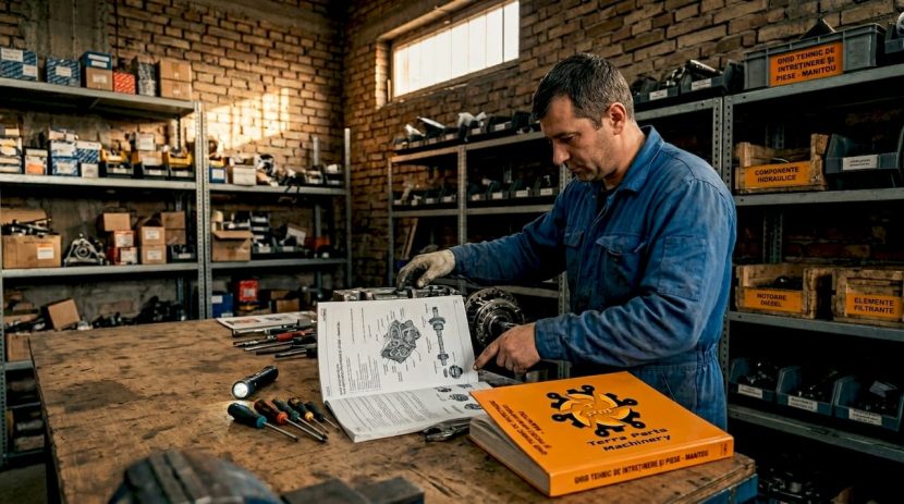 Un tehnician verifică și identifică o piesă Manitou direct în atelier, asigurându-se că totul este în regulă pentru reparații.