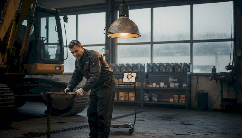 Un tehnician se ocupă de schimbarea uleiului la un excavator.
