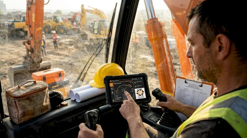 Operatorul manevrează excavatorul cu ajutorul comenzilor electronice