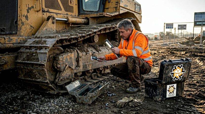 Un inspector analizează starea șenilelor unui buldozer direct pe șantier.