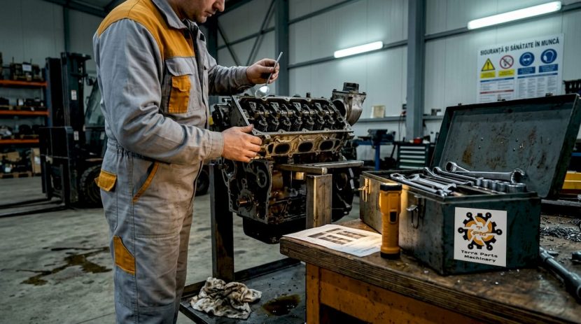Un tehnician verifică un motor Perkins direct în atelier, asigurându-se că totul funcționează corect.