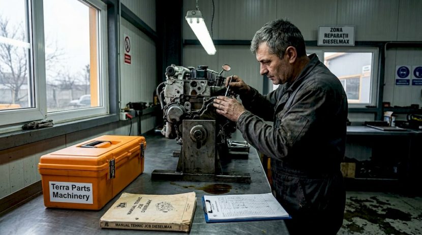 Un mecanic verifică motorul JCB Dieselmax într-un atelier auto.