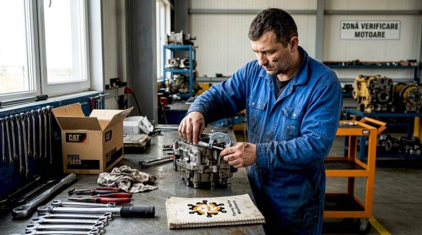 Un mecanic inspectează o piesă de motor Caterpillar pe masa de lucru din atelier.