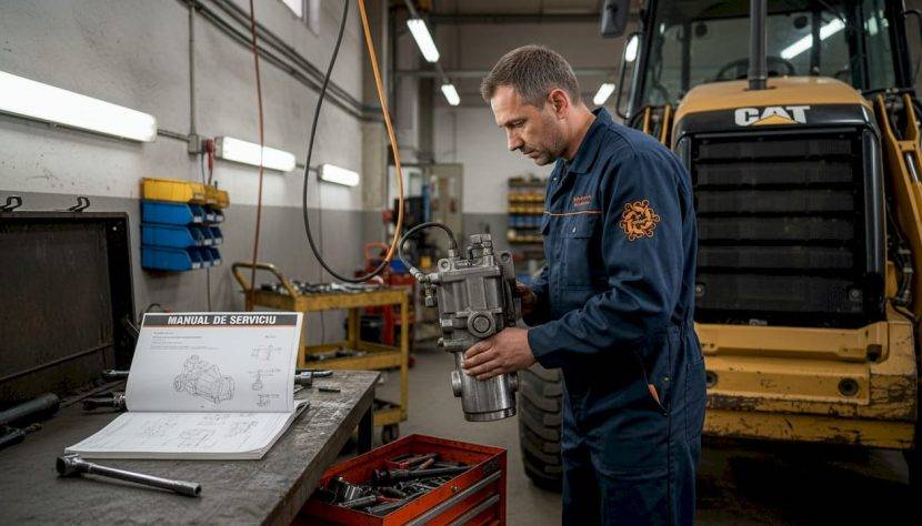 Tehnician verifică pompa hidraulică, consultând manualul de service pentru instrucțiuni precise.