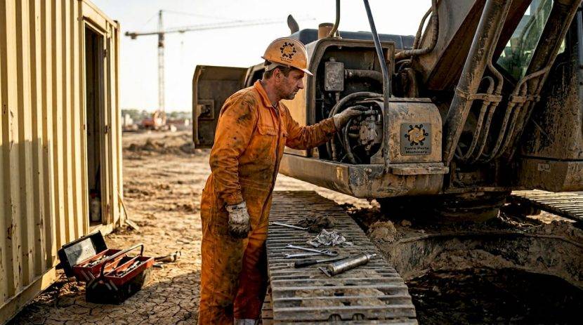 Operatorul verifică starea pompei hidraulice de la excavatorul Kawasaki.