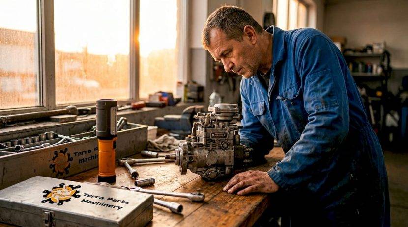 Un mecanic verifică pompa de injecție Dieselmax pe bancul de probă din atelier.