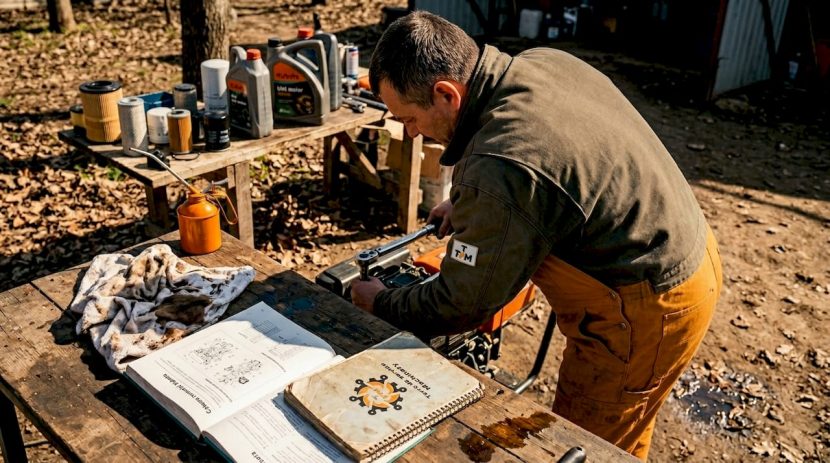 Un mecanic repară un motor Kubota într-un service auto.