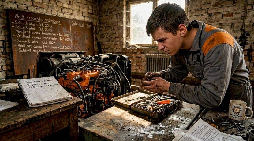 Un tehnician inspectează motorul unui excavator Isuzu în atelierul de service.