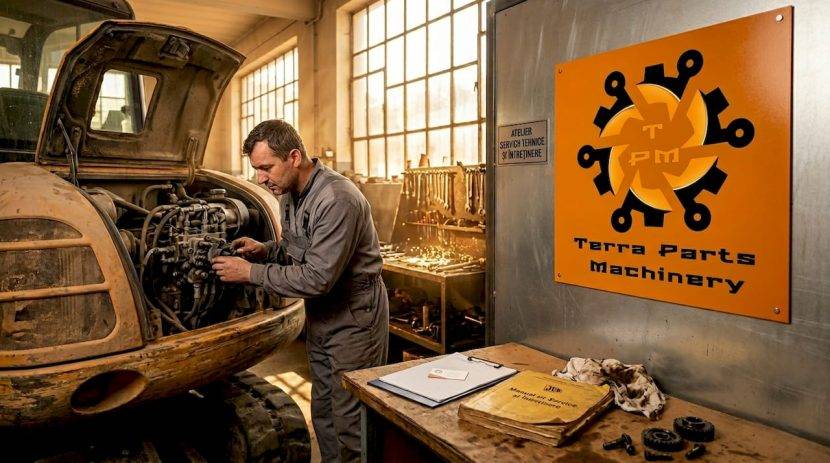 Un mecanic verifică atent un excavator JCB în atelier, asigurându-se că totul funcționează corect.