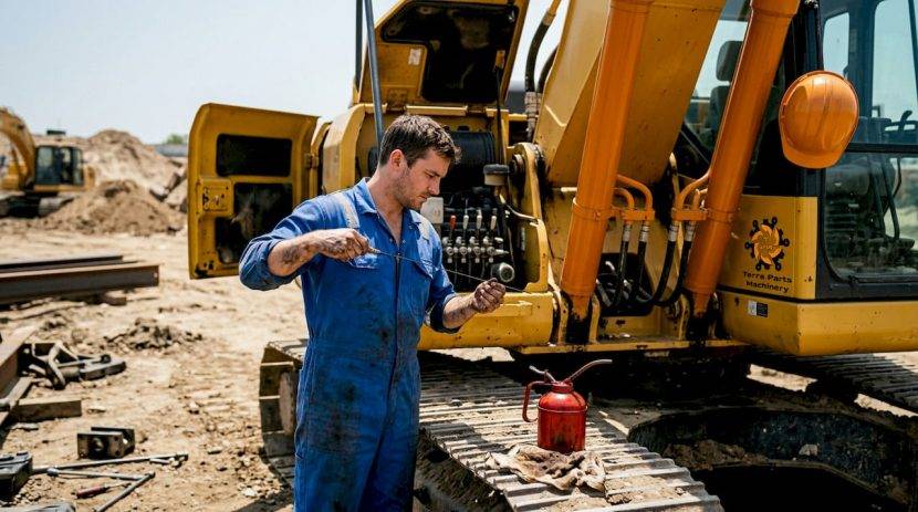 Un mecanic verifică nivelul uleiului la motorul unui utilaj de construcții.