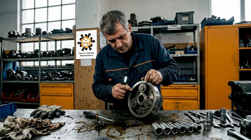 Un mecanic lucrează la reparația unui reductor JCB direct în atelier.
