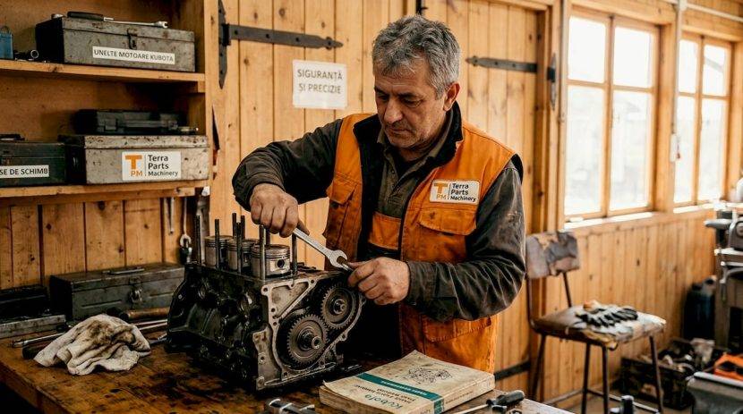 Un mecanic efectuează o revizie la motorul Kubota într-un service specializat pentru echipamente industriale.