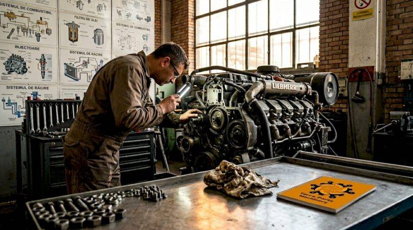 Mecanic verificând motorul Liebherr în service