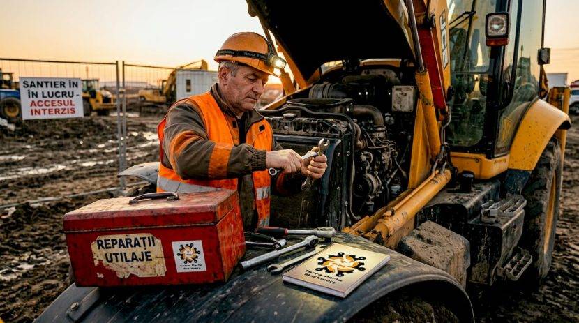Mecanic la lucru, inspectând motorul Isuzu al unui utilaj de construcții