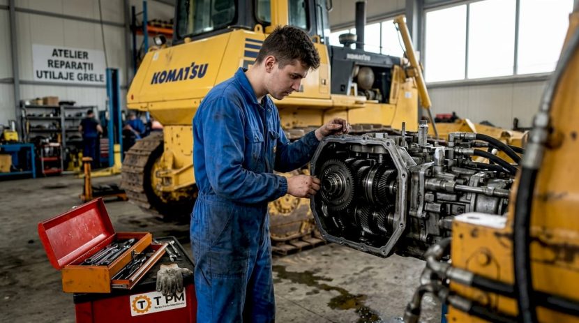 Un mecanic inspectează sistemul de transmisie al unui buldozer Komatsu, direct în service.