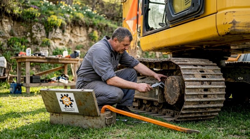 Un mecanic verifică starea rolei de șenilă la un utilaj Komatsu.