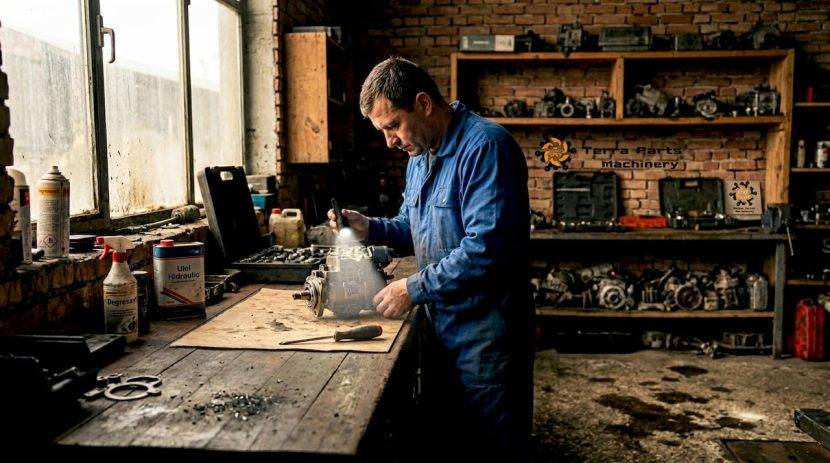 Un tehnician lucrează la repararea unei pompe de injecție JCB direct pe bancul de lucru din atelier.