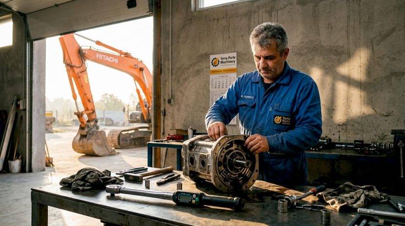 Un tehnician lucrează într-un atelier la repararea unei pompe hidraulice Hitachi, asigurându-se că echipamentul funcționează optim.