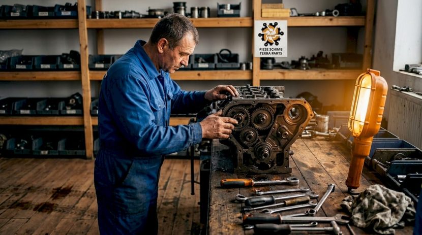 Un mecanic verifică atent un motor Cummins demontat pe bancul din service.