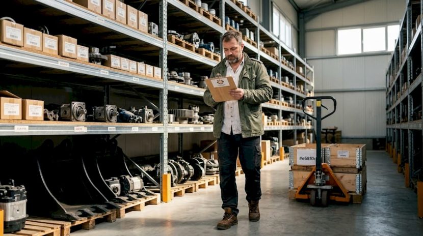 Supervisor inspecting excavator parts warehouse aisle