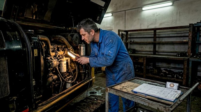 Un tehnician verifică un excavator aflat în service
