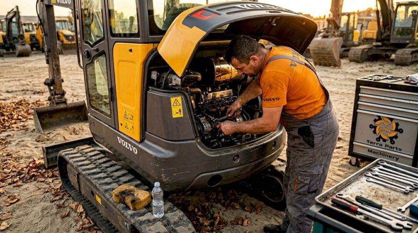Un mecanic lucrează la demontarea unei piese de pe un miniexcavator Volvo.