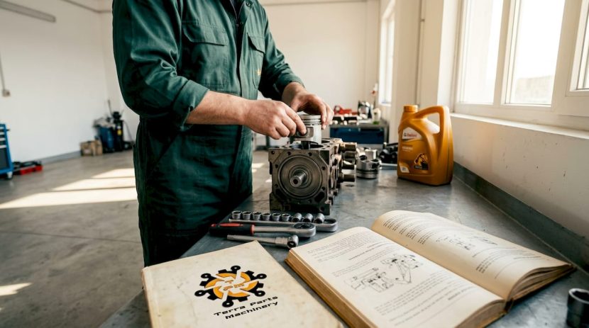 Un tehnician montează o piesă la motorul unui excavator.