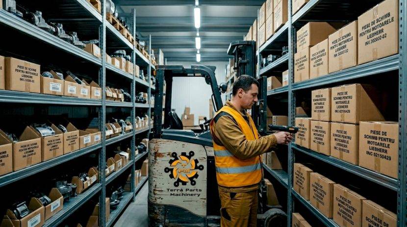 Un stivuitorist verifică și scanează componente ale motoarelor Liebherr