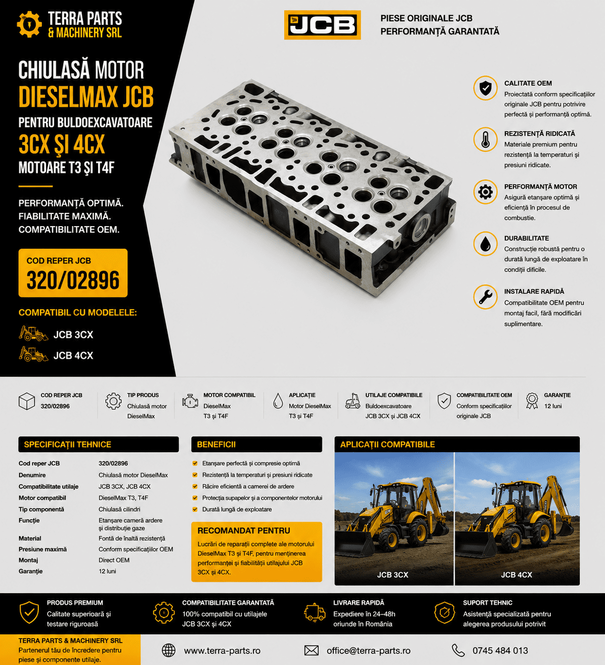 Chiulasă JCB cod 320/02896 pentru motoare T3 și T4F