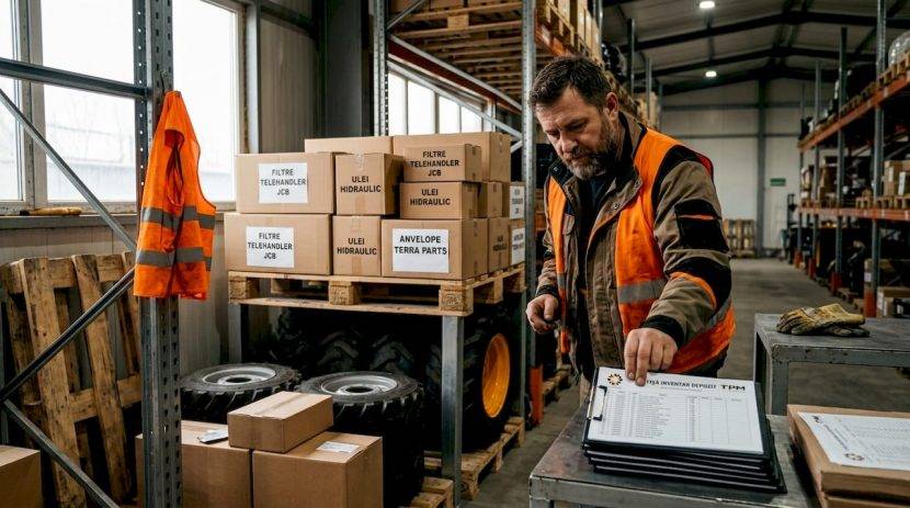 Un supervizor verifică stocul de piese pentru manipulatoarele JCB, asigurându-se că totul este în ordine și că piesele necesare sunt disponibile la nevoie.