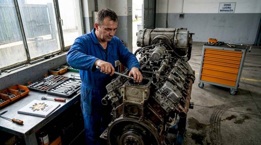 Mecanic la lucru, efectuând revizia unui motor Liebherr în atelier.
