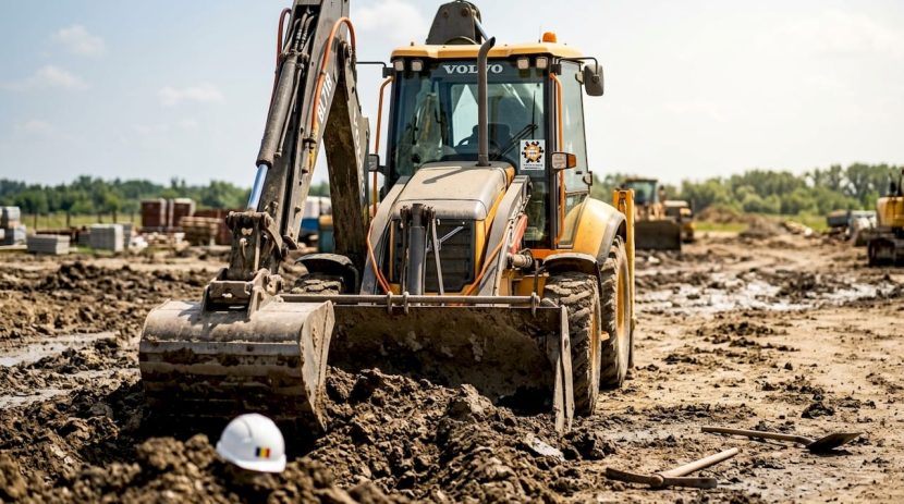 Un buldoexcavator Volvo își începe lucrul pe șantier, dis-de-dimineață.